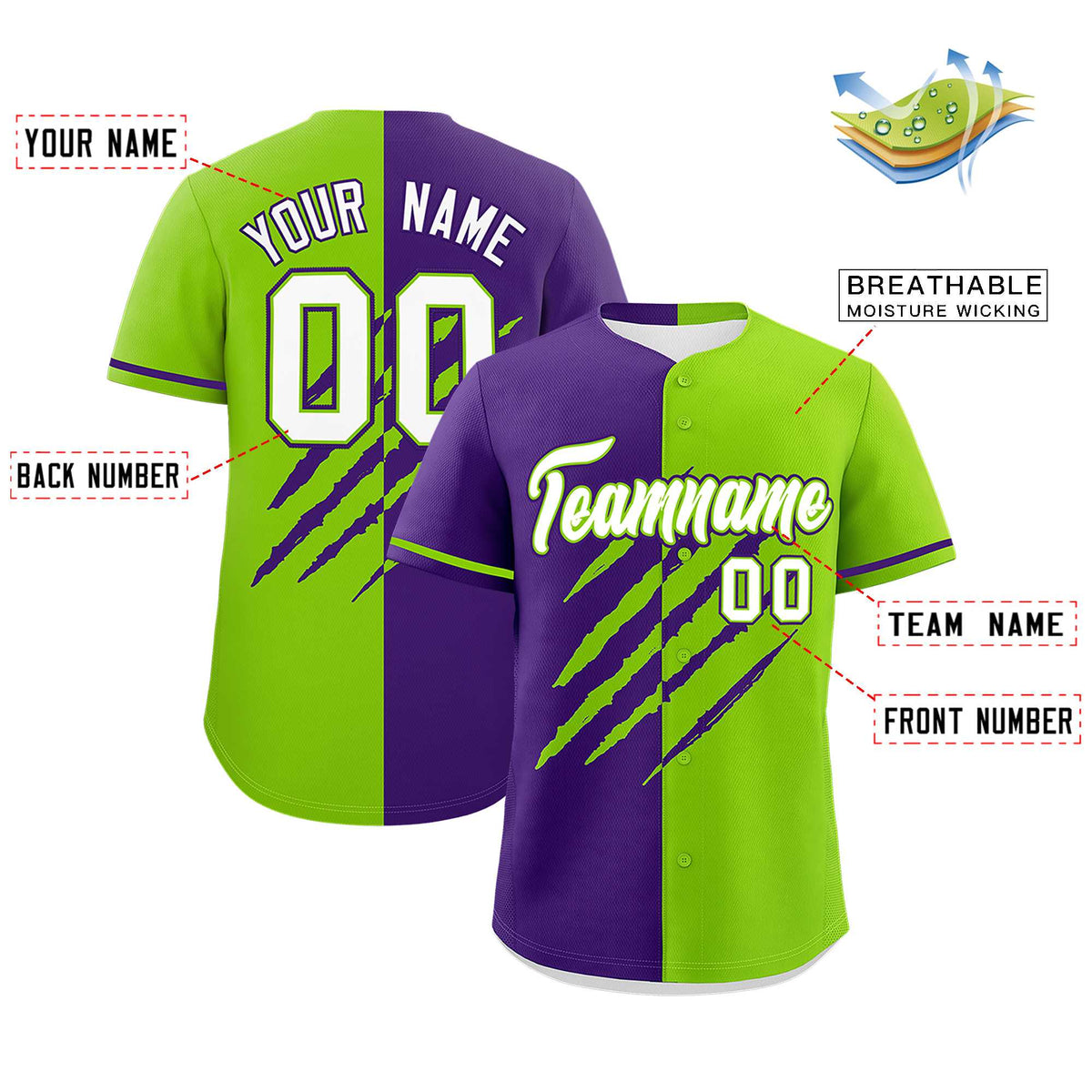 Custom Purple Neon Green Split Tiger Claw Scratch Pattern Baseball Jersey