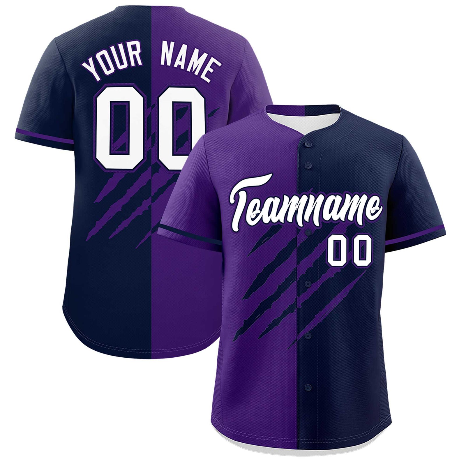 Custom Purple Navy Split Tiger Claw Scratch Pattern Baseball Jersey
