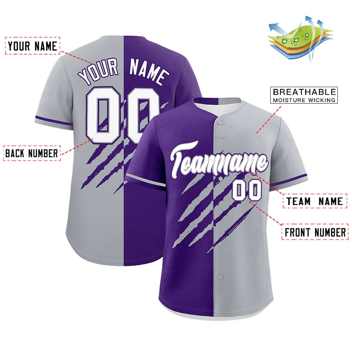 Custom Purple Gray Split Tiger Claw Scratch Pattern Baseball Jersey