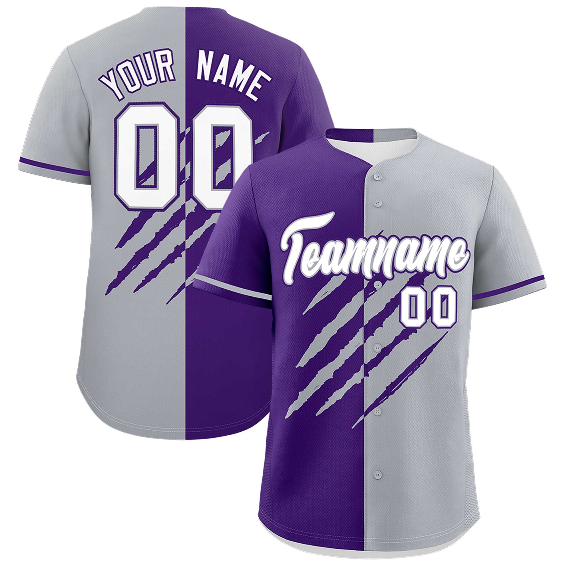 Custom Purple Gray Split Tiger Claw Scratch Pattern Baseball Jersey