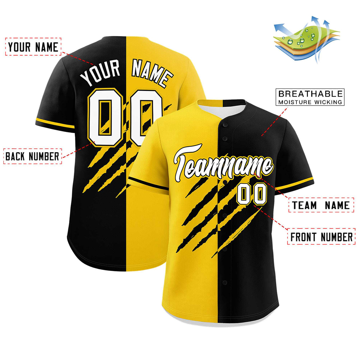 Custom Gold Black Split Tiger Claw Scratch Pattern Baseball Jersey