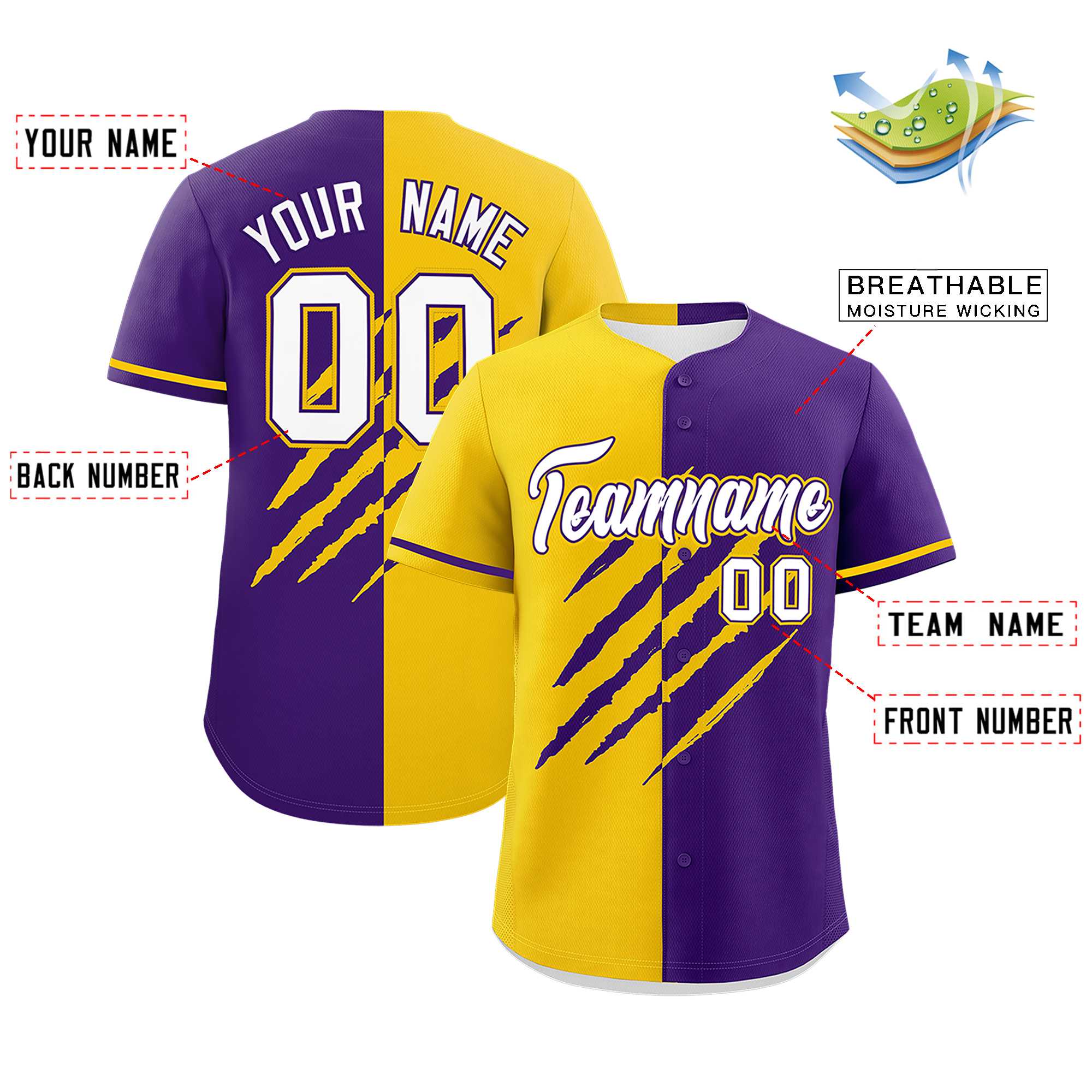 Custom Gold Purple Split Tiger Claw Scratch Pattern Baseball Jersey