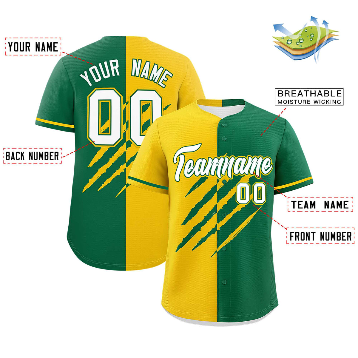 Custom Gold Kelly Green Split Tiger Claw Scratch Pattern Baseball Jersey