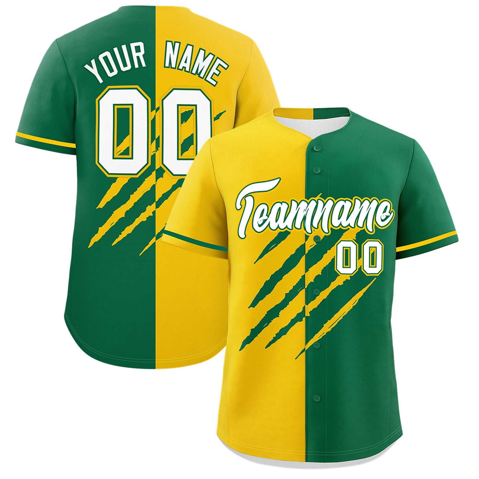 Custom Gold Kelly Green Split Tiger Claw Scratch Pattern Baseball Jersey
