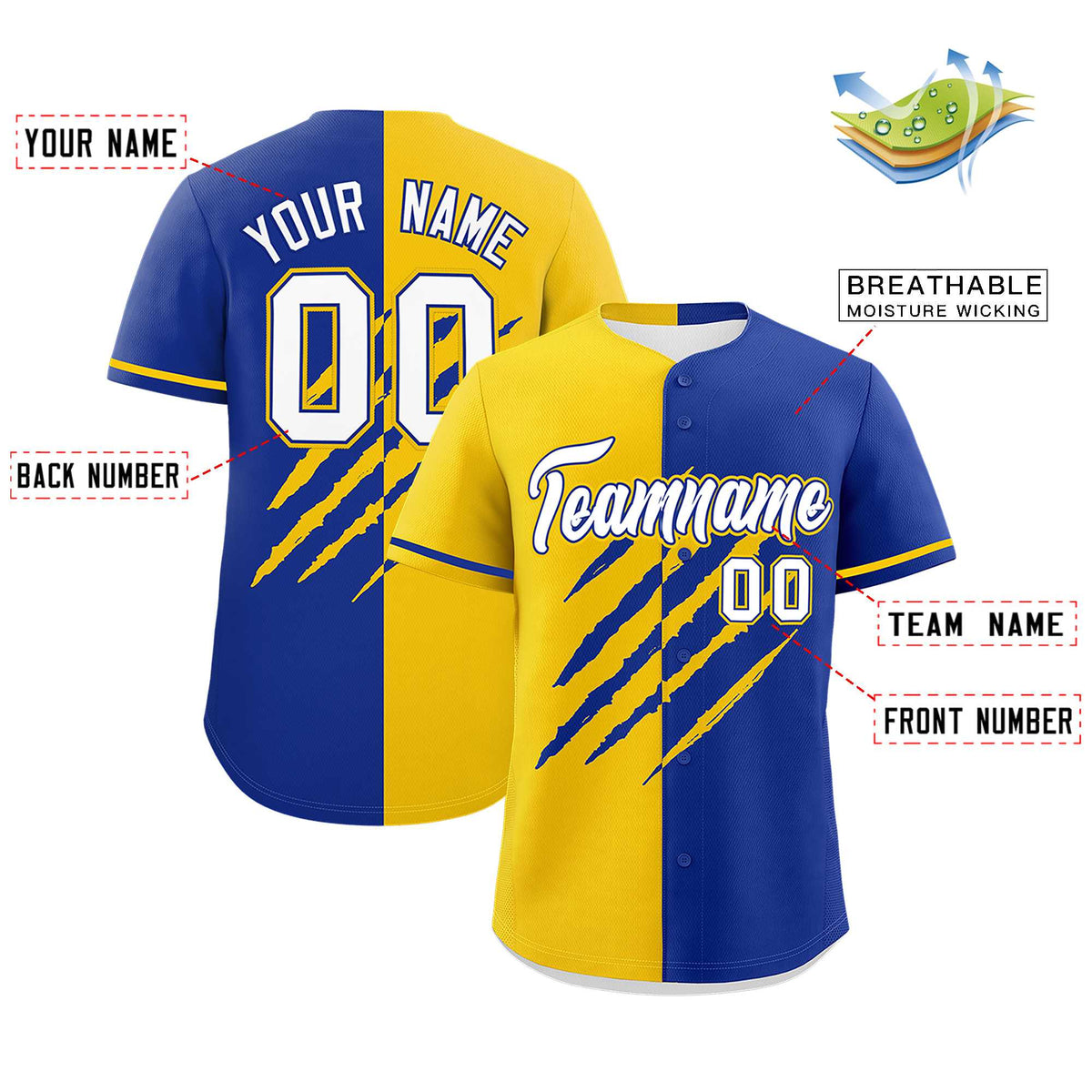 Custom Gold Royal Blue Split Tiger Claw Scratch Pattern Baseball Jersey