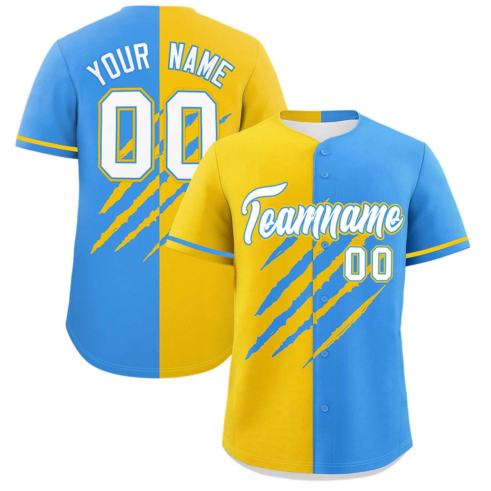 Custom Gold Powder Blue Split Tiger Claw Scratch Pattern Baseball Jersey