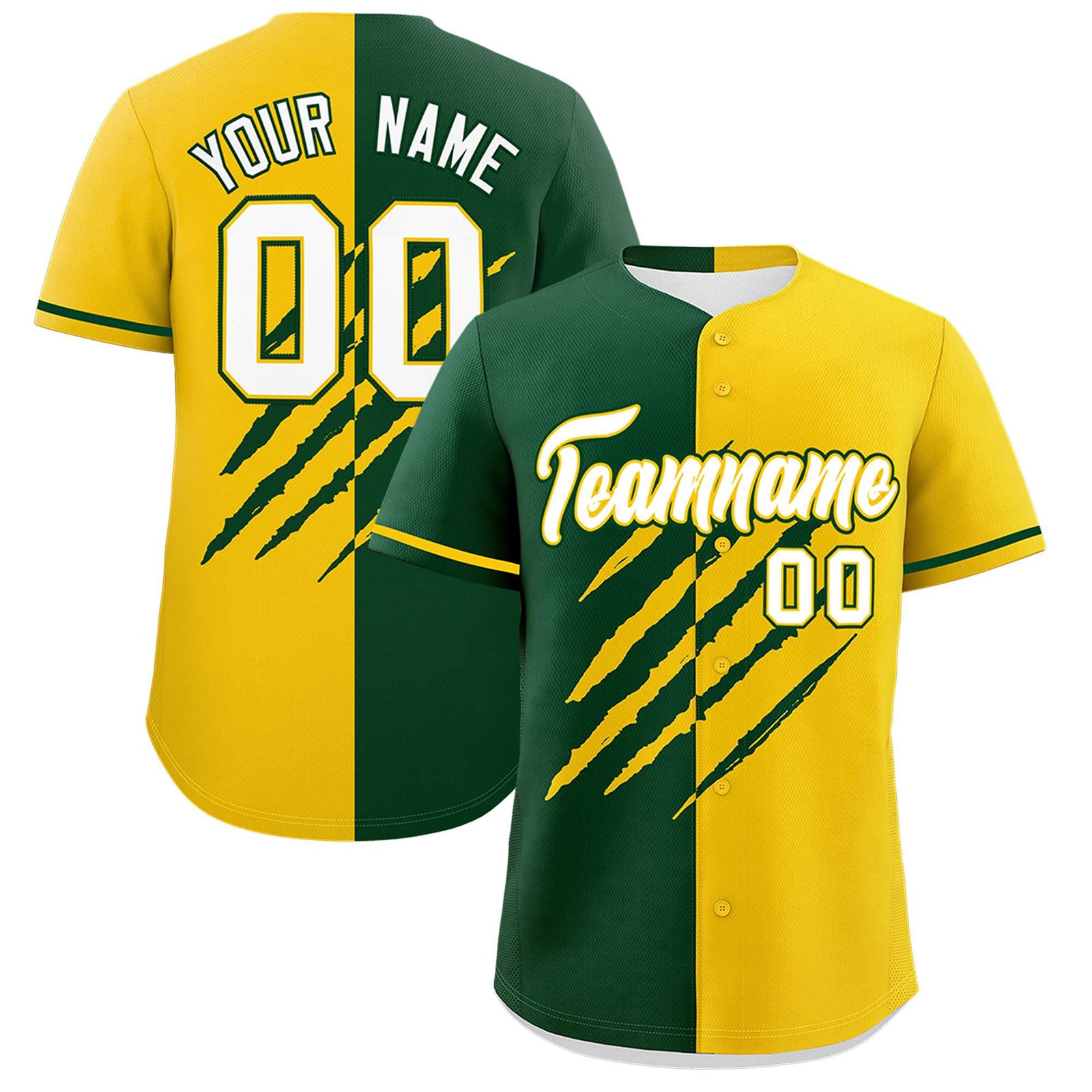 Custom Green Gold Split Tiger Claw Scratch Pattern Baseball Jersey