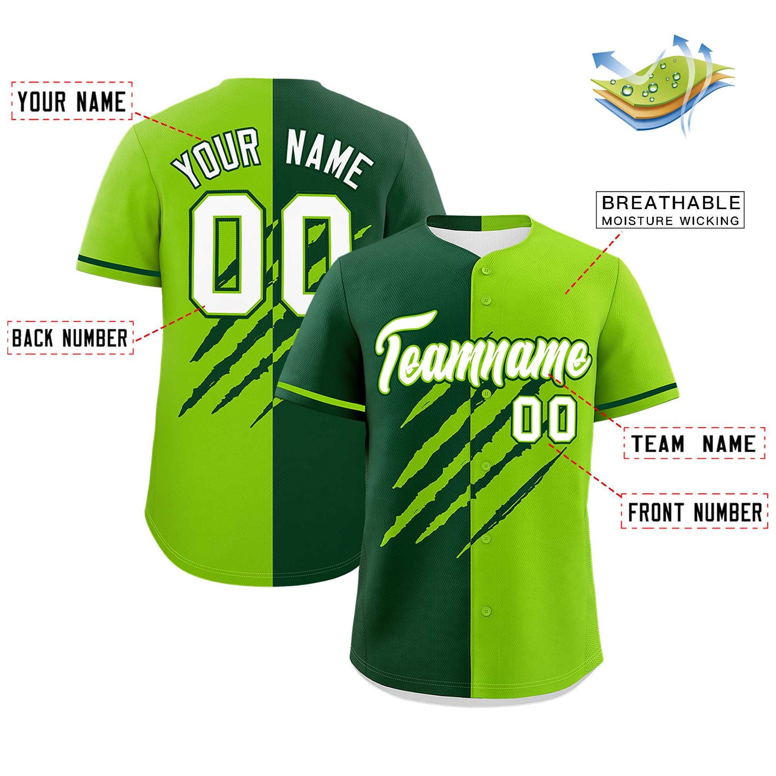 Custom Green Neon Green Split Tiger Claw Scratch Pattern Baseball Jersey