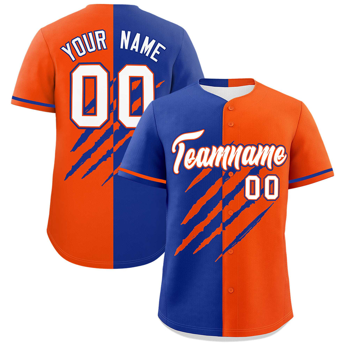Custom Royal Blue Orange Split Tiger Claw Scratch Pattern Baseball Jersey
