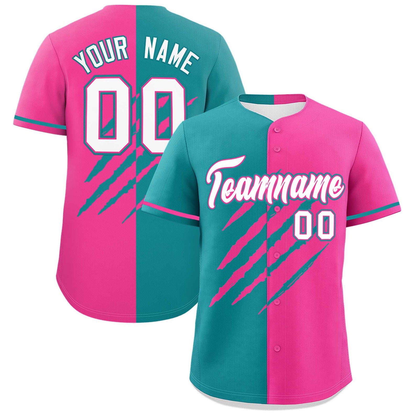 Custom Aqua Pink Split Tiger Claw Scratch Pattern Baseball Jersey