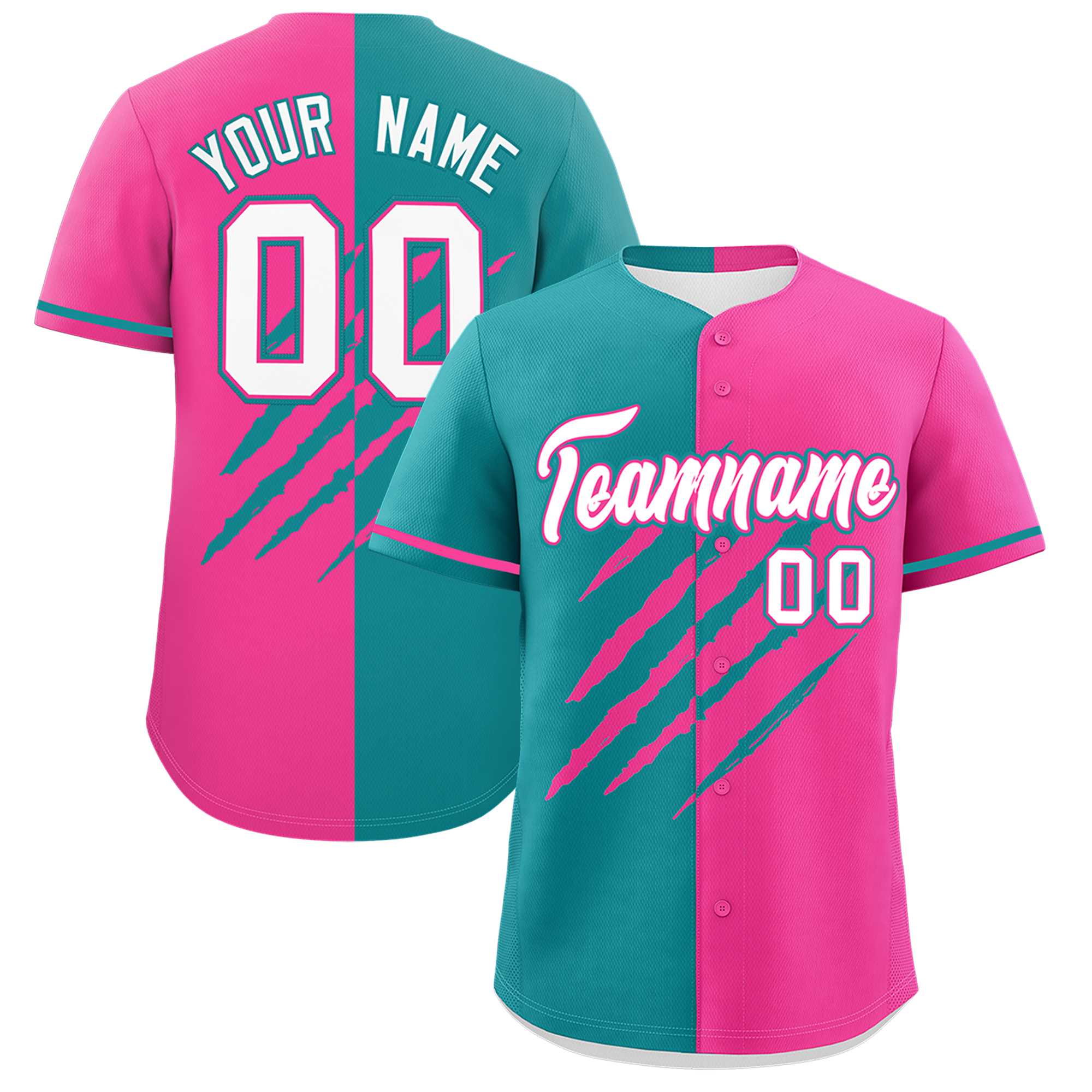Custom Aqua Pink Split Tiger Claw Scratch Pattern Baseball Jersey