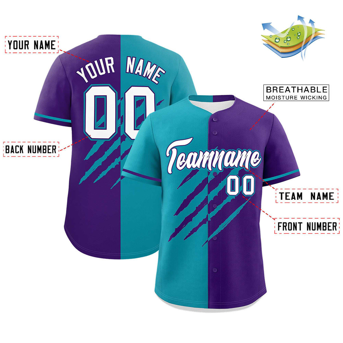 Custom Aqua Purple Split Tiger Claw Scratch Pattern Baseball Jersey