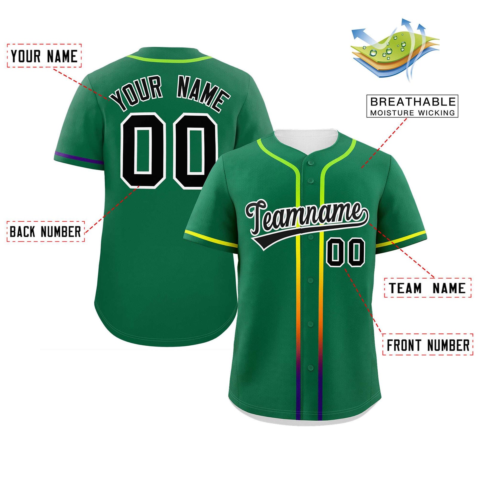 Custom Kelly Green Black Personalized Gradient Ribbed Design Authentic Baseball Jersey