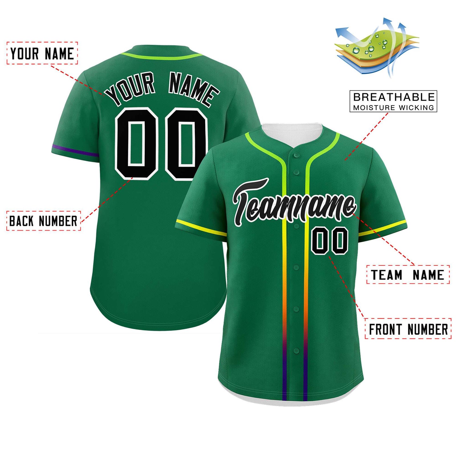 Custom Kelly Green Black Personalized Gradient Ribbed Design Authentic Baseball Jersey