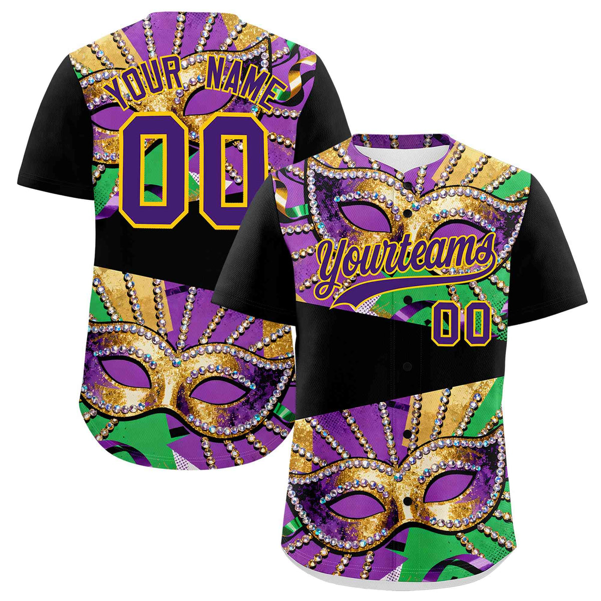 Custom Black Gold Purple Personalization Mardi Gras Authentic Baseball Jersey| KXKSHOP
