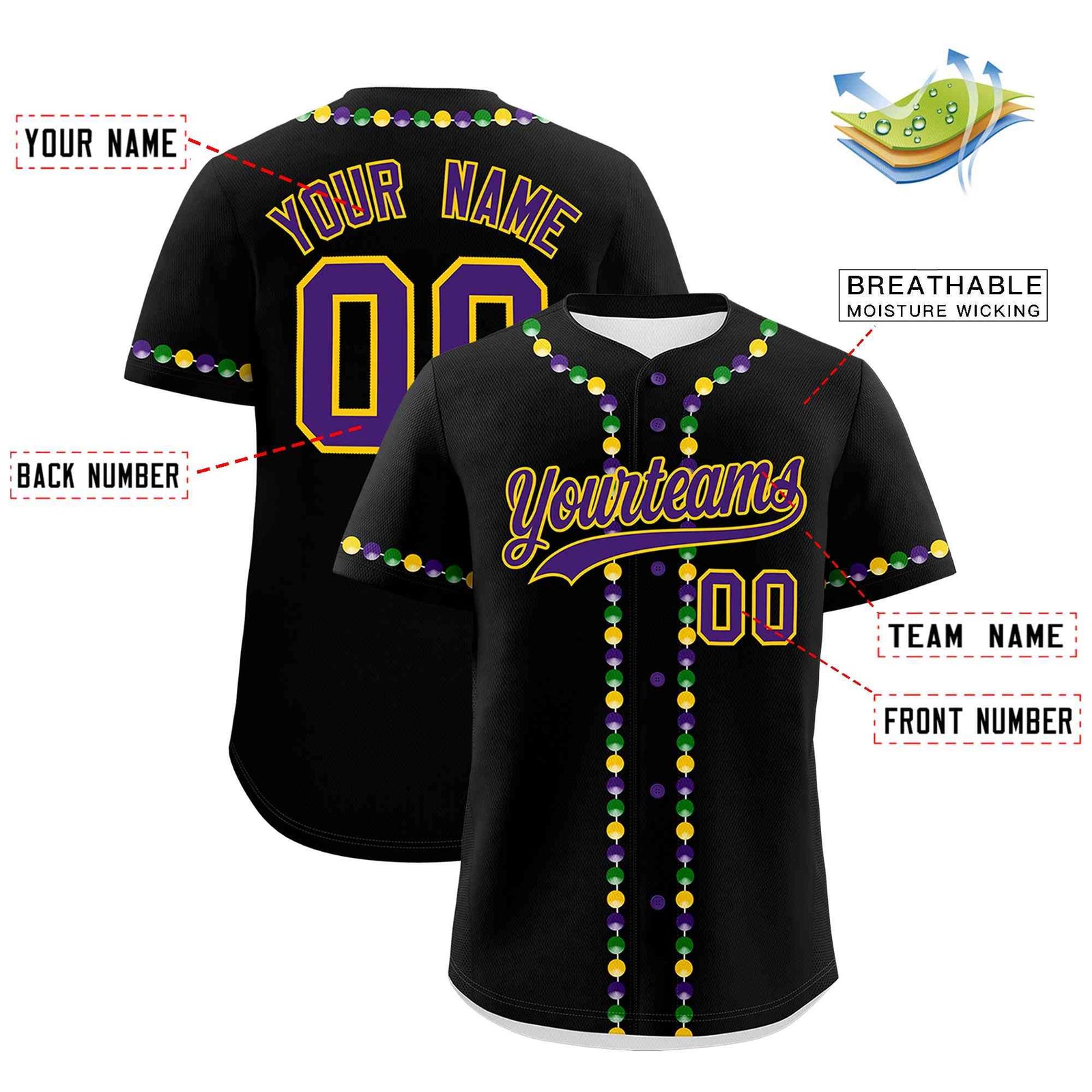 Custom Black Purple Gold Personalization Graffiti Mardi Gras Authentic Baseball Jersey| KXKSHOP