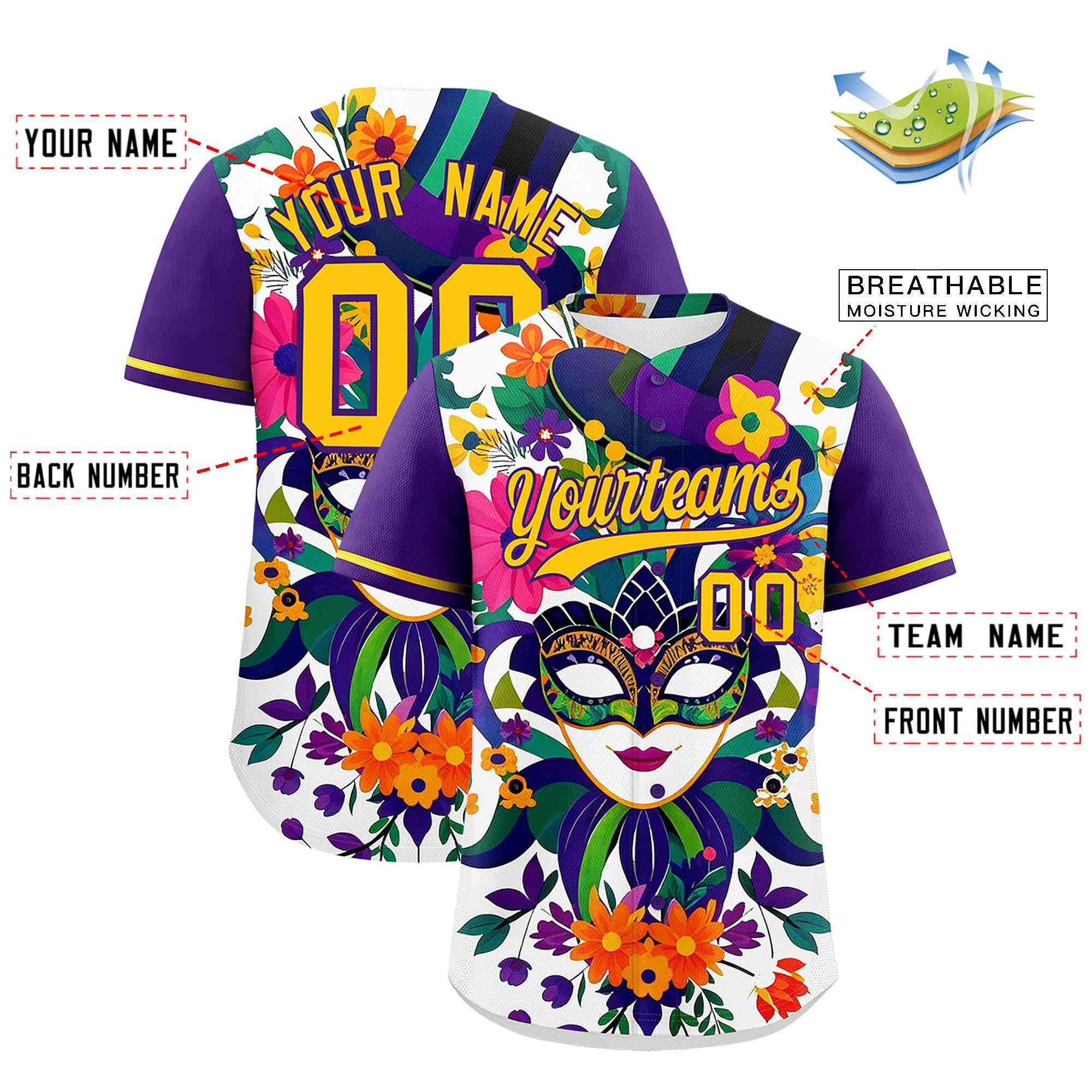 Custom White Purple Personalization Mardi Gras Authentic Baseball Jersey| KXKSHOP
