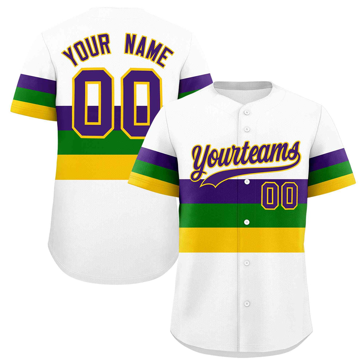 Custom White Purple Kelly Green Gold Personalization Mardi Gras Authentic Baseball Jersey| KXKSHOP