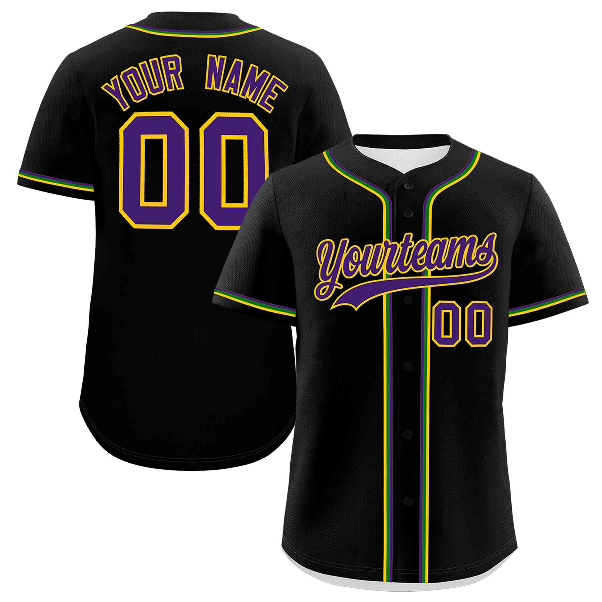 Custom Black Purple Gold Kelly Green Personalization Mardi Gras Authentic Baseball Jersey| KXKSHOP