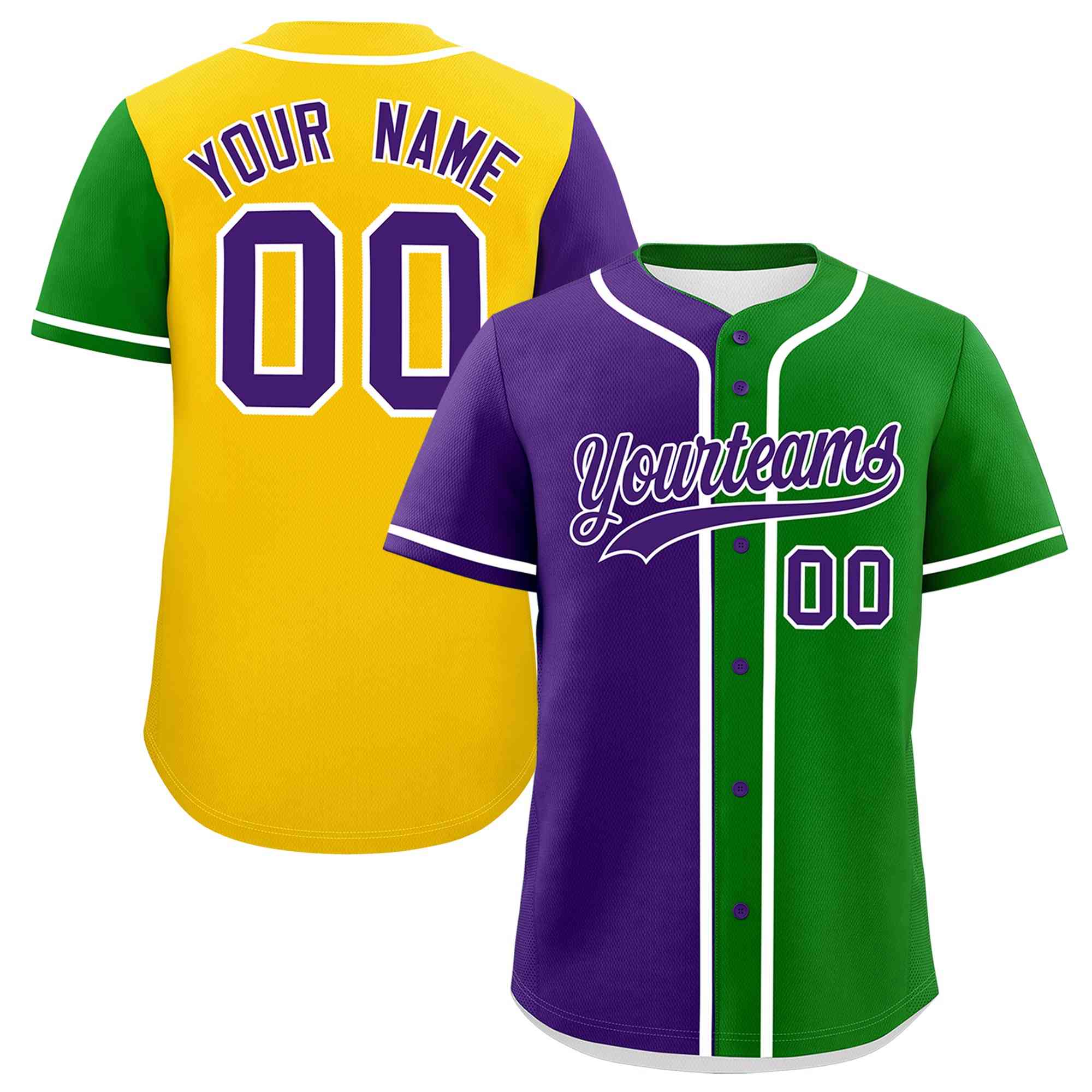 Custom Purple Kelly Green Gold Personalization Split Mardi Gras Authentic Baseball Jersey| KXKSHOP