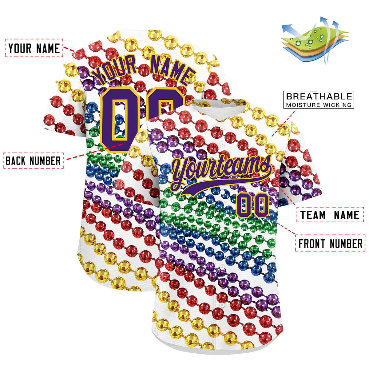 Custom White Purple Gold Personalization Graffiti Mardi Gras Authentic Baseball Jersey| KXKSHOP