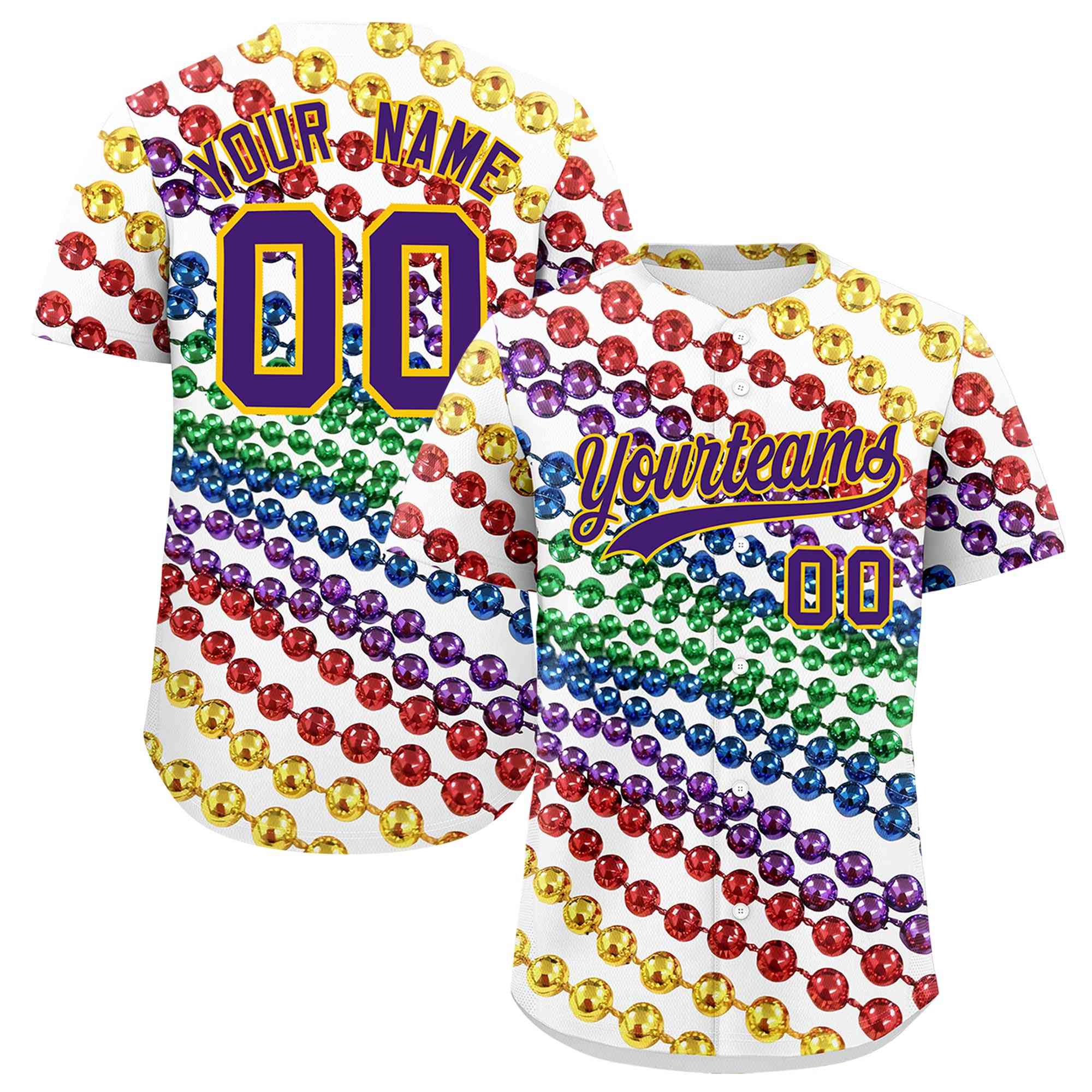Custom White Purple Gold Personalization Graffiti Mardi Gras Authentic Baseball Jersey| KXKSHOP