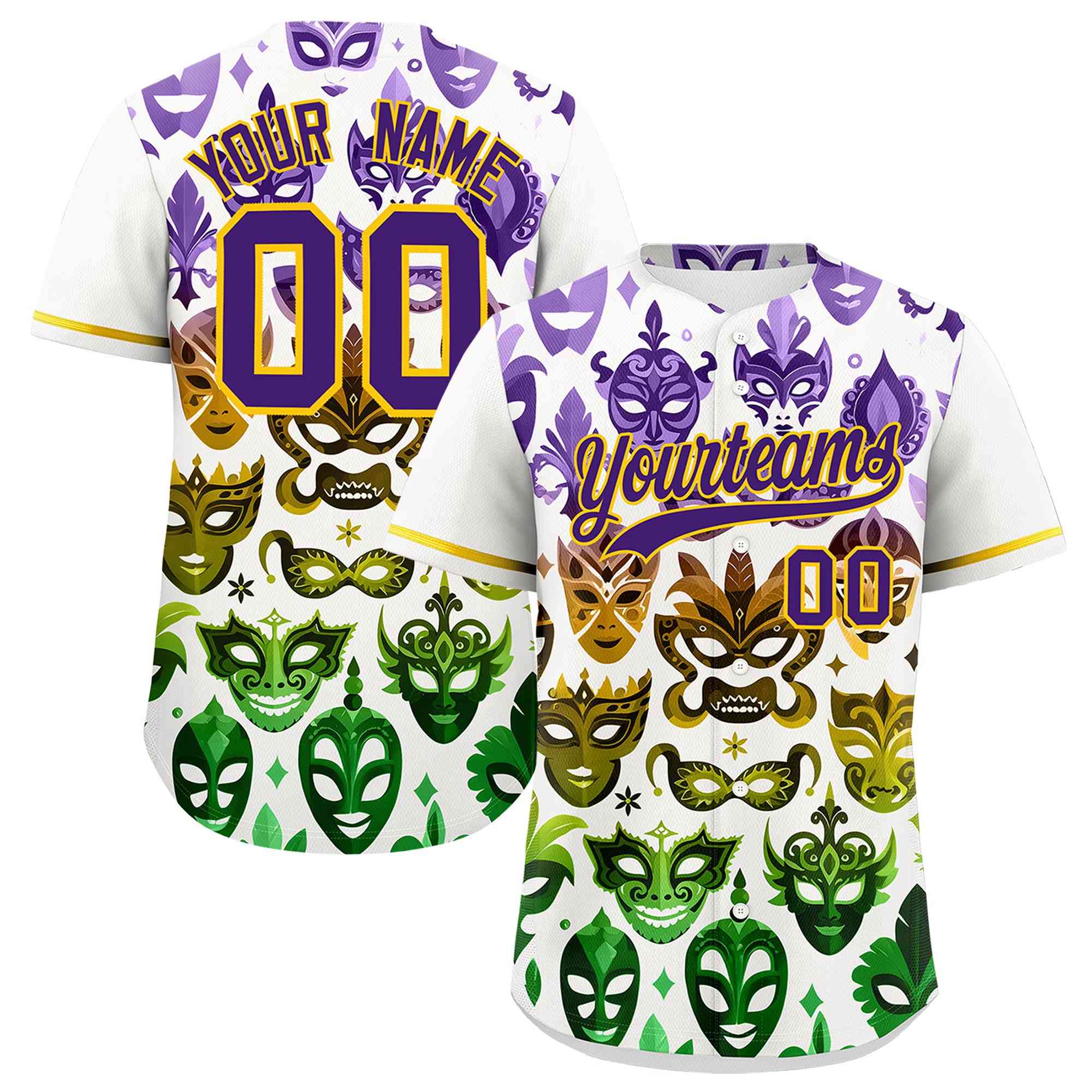 Custom White Purple Gold Personalization Mardi Gras Authentic Baseball Jersey| KXKSHOP