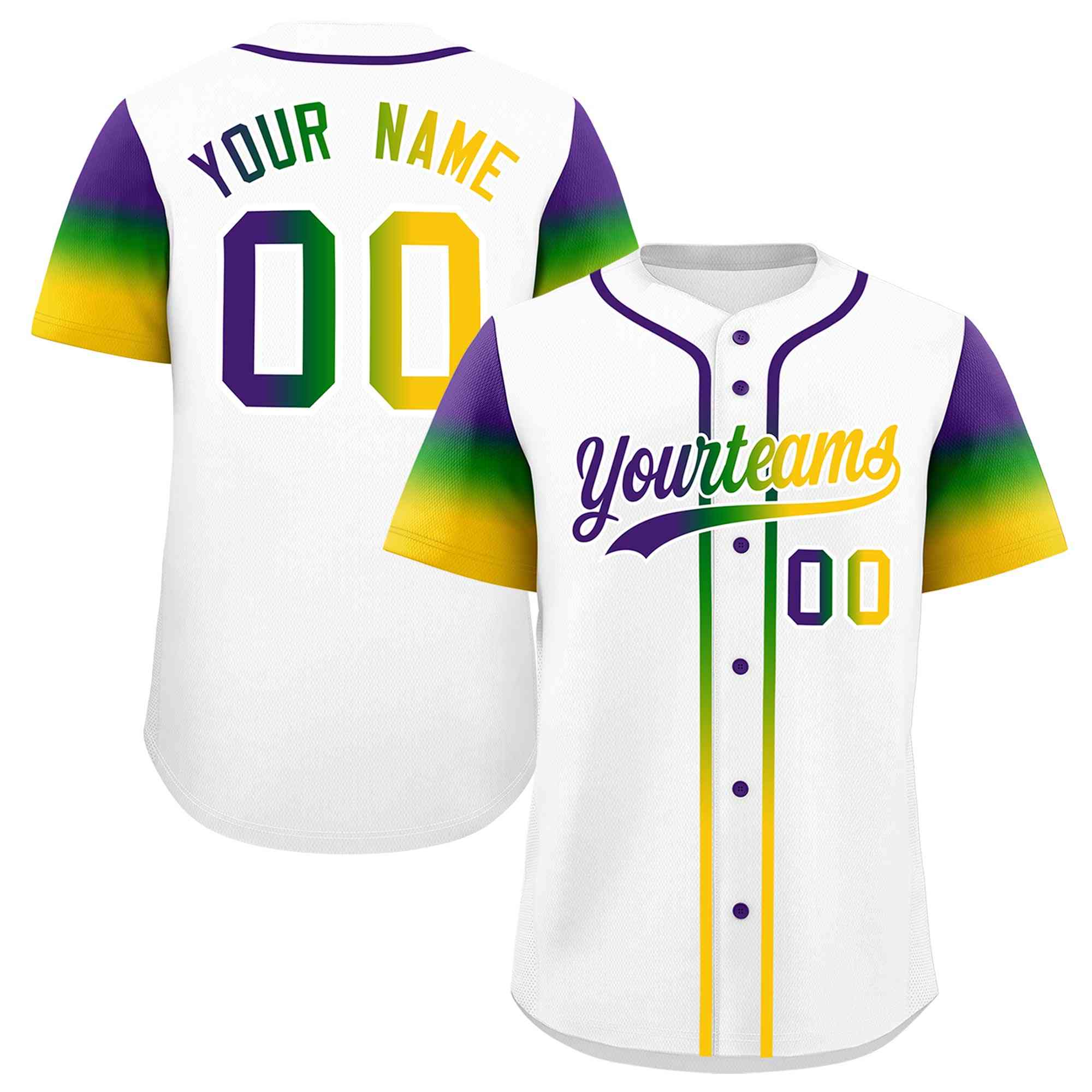 Custom White Purple Kelly Green Gold Personalization Gradient Mardi Gras Authentic Baseball Jersey| KXKSHOP