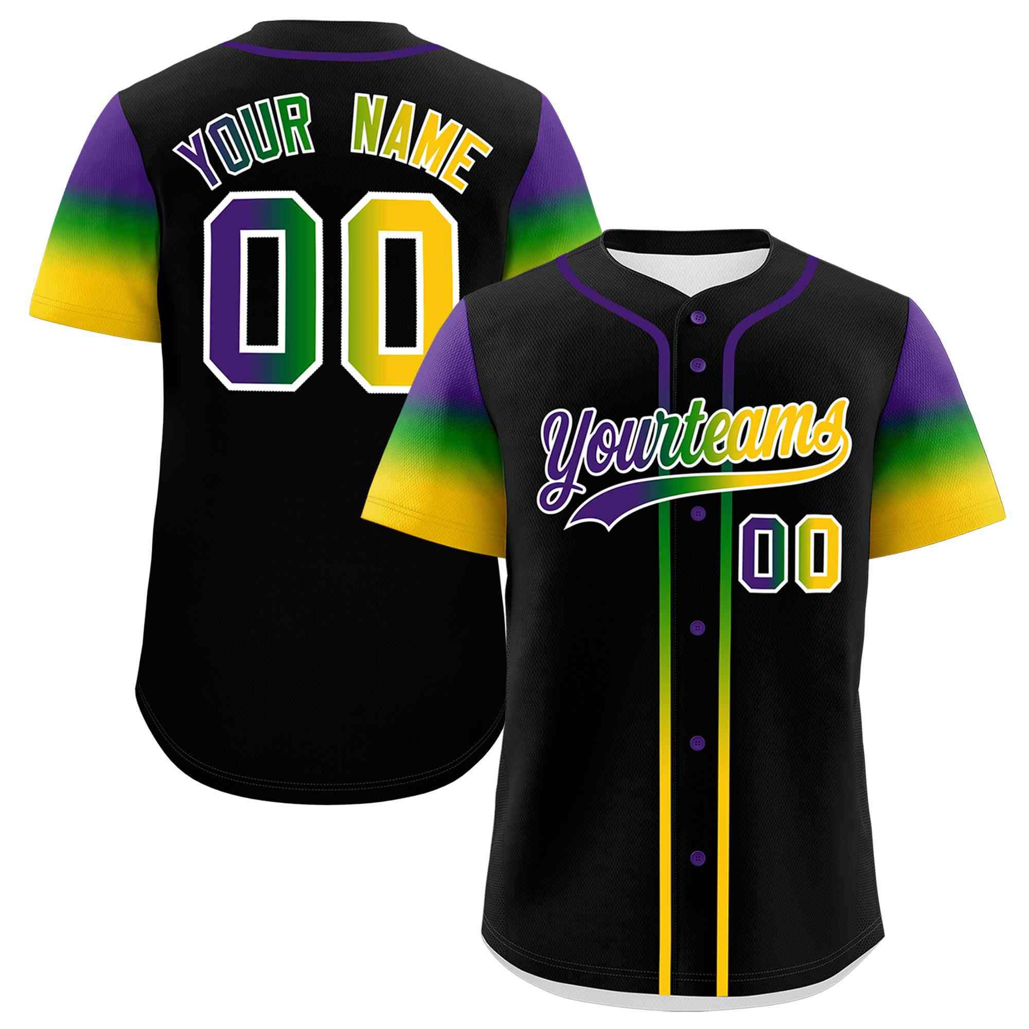 Custom Black Purple Kelly Green Gold Personalization Gradient Mardi Gras Authentic Baseball Jersey| KXKSHOP