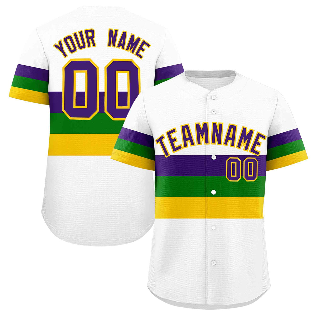 Custom White Purple Kelly Green Gold Personalization Mardi Gras Authentic Baseball Jersey| KXKSHOP