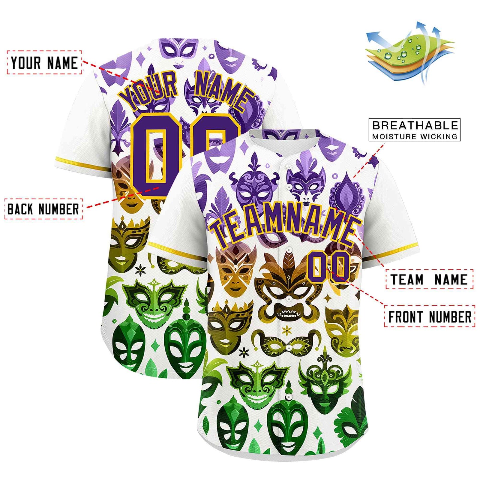 Custom White Purple Gold Personalization Mardi Gras Authentic Baseball Jersey| KXKSHOP