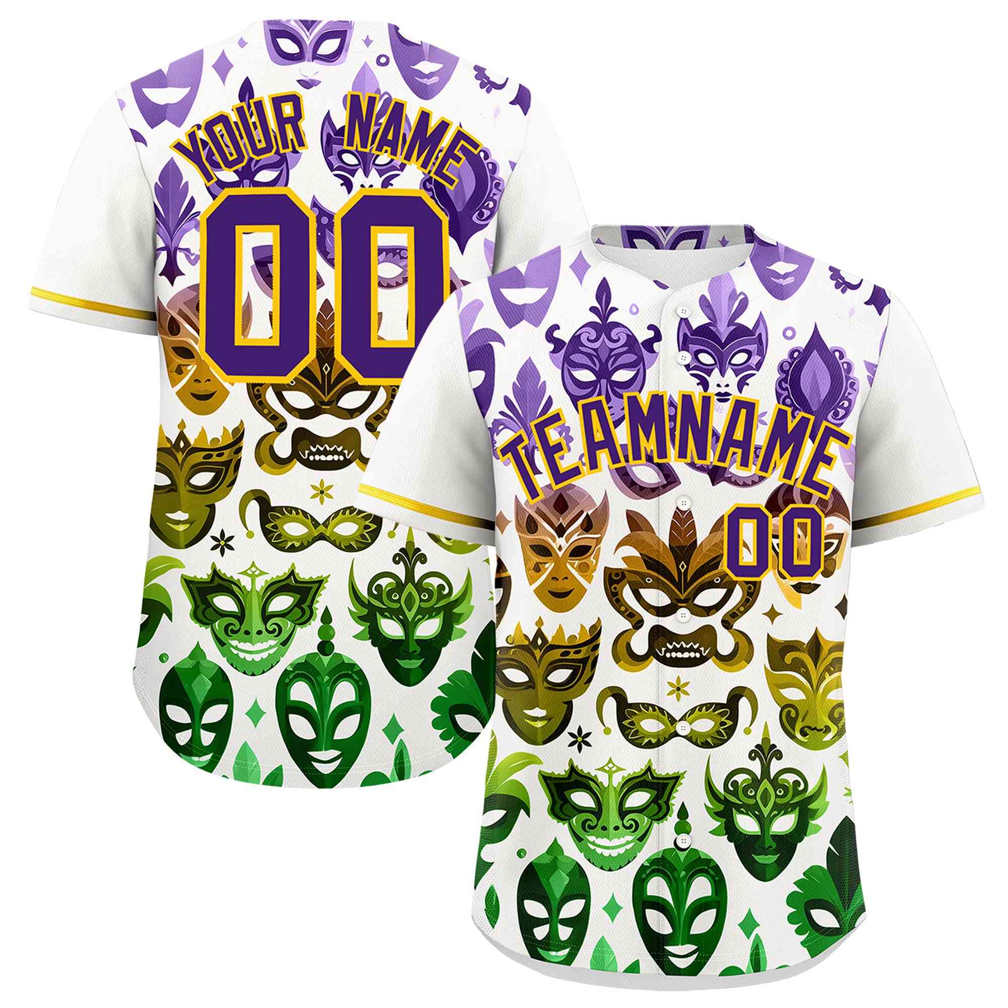 Custom White Purple Gold Personalization Mardi Gras Authentic Baseball Jersey| KXKSHOP