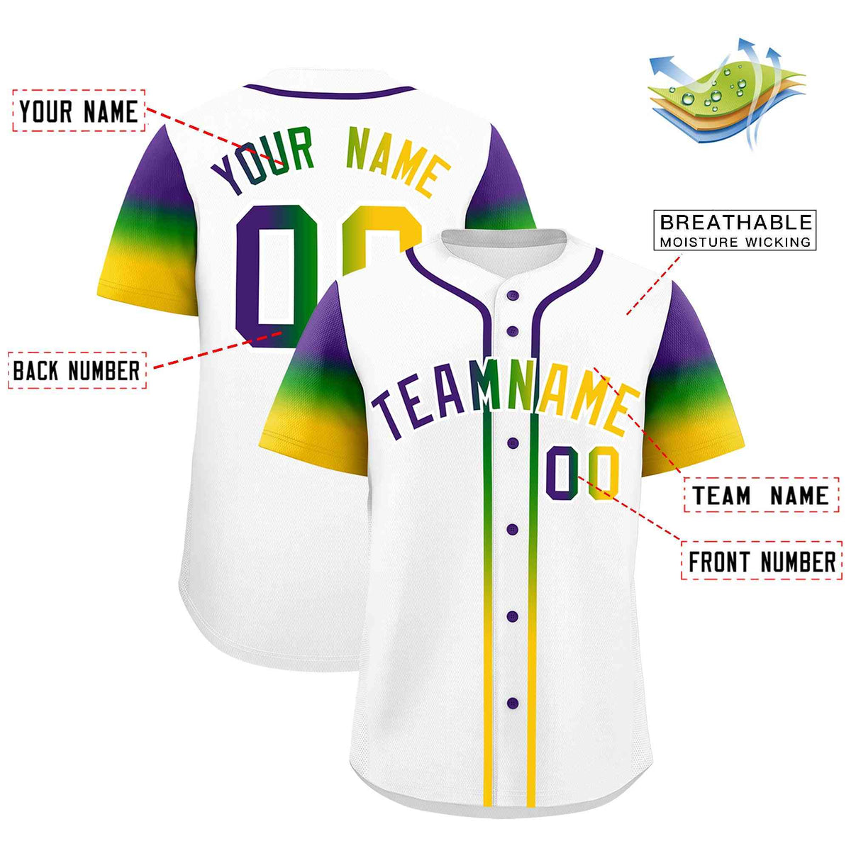 Custom White Purple Kelly Green Gold Personalization Gradient Mardi Gras Authentic Baseball Jersey| KXKSHOP