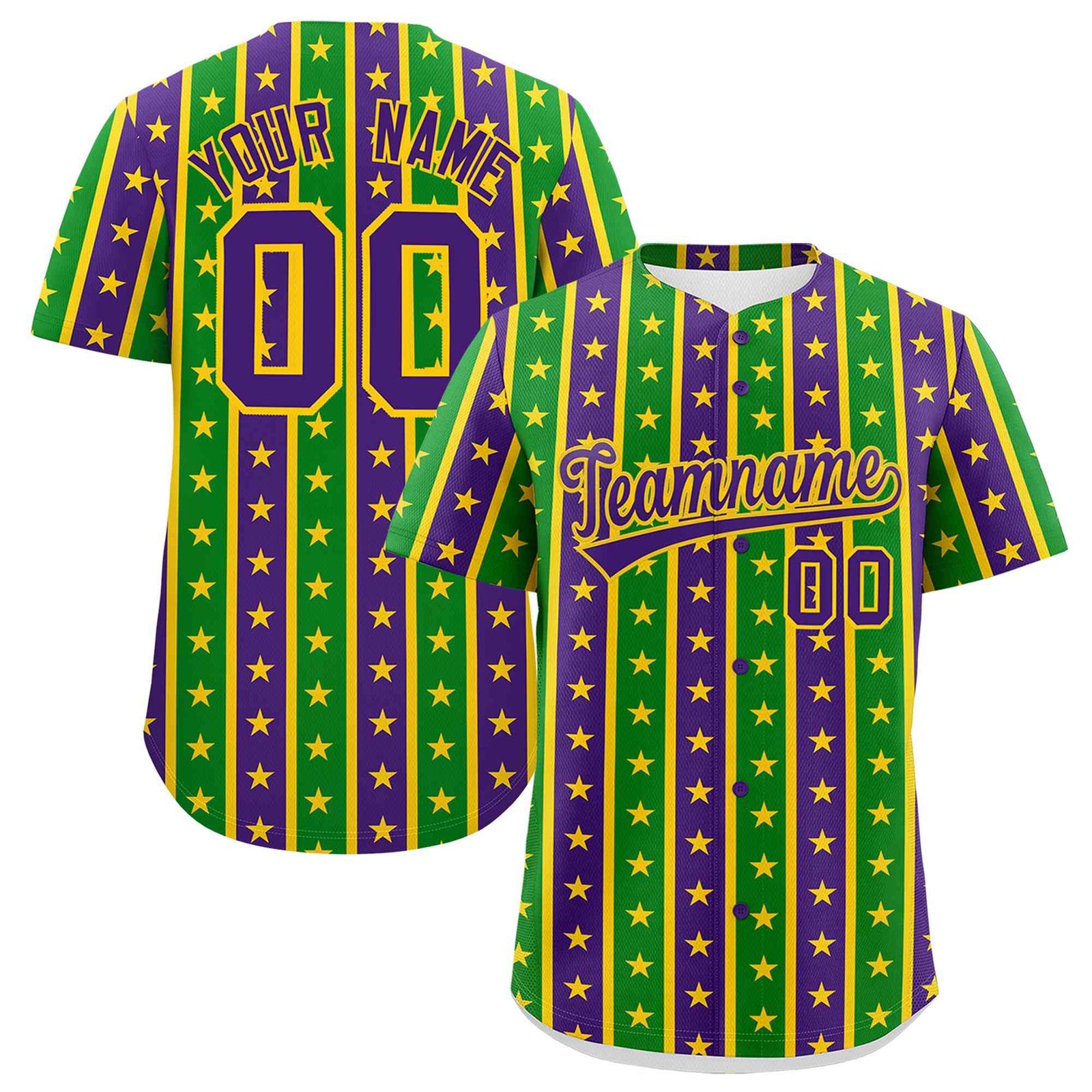 Custom Purple Kelly Green Gold Stripe Personalization Mardi Gras Authentic Baseball Jersey| KXKSHOP