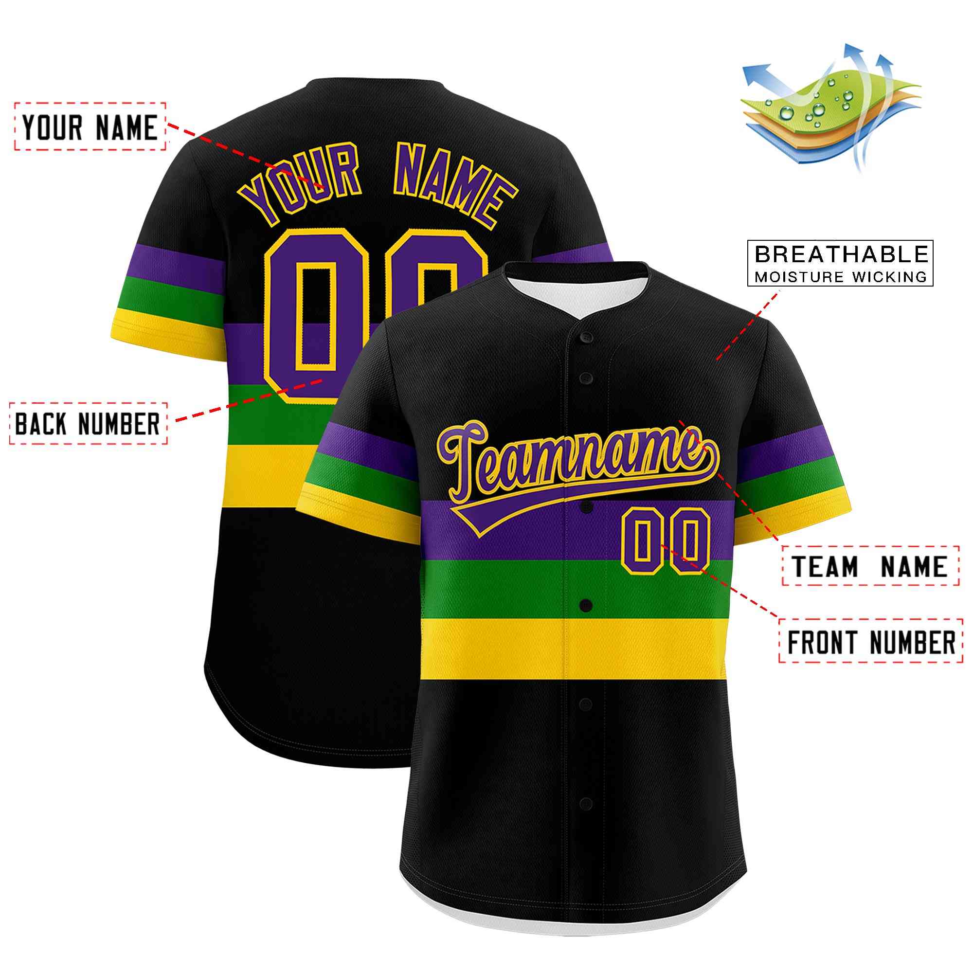 Custom Black Purple Kelly Green Gold Personalization Mardi Gras Authentic Baseball Jersey| KXKSHOP