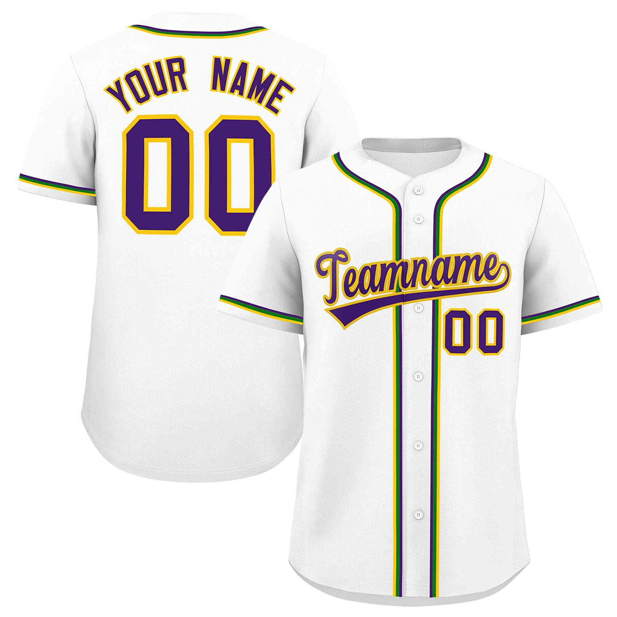 Custom White Purple Gold Kelly Green Personalization Mardi Gras Authentic Baseball Jersey| KXKSHOP