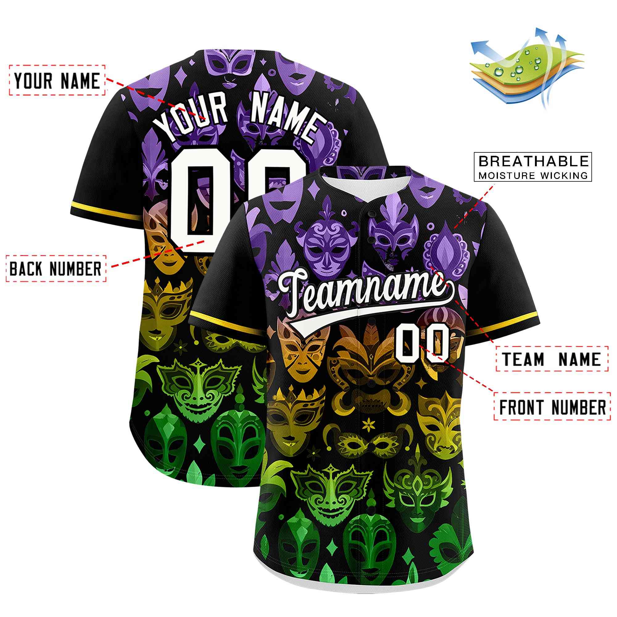 Custom Black White Personalization Mardi Gras Authentic Baseball Jersey| KXKSHOP