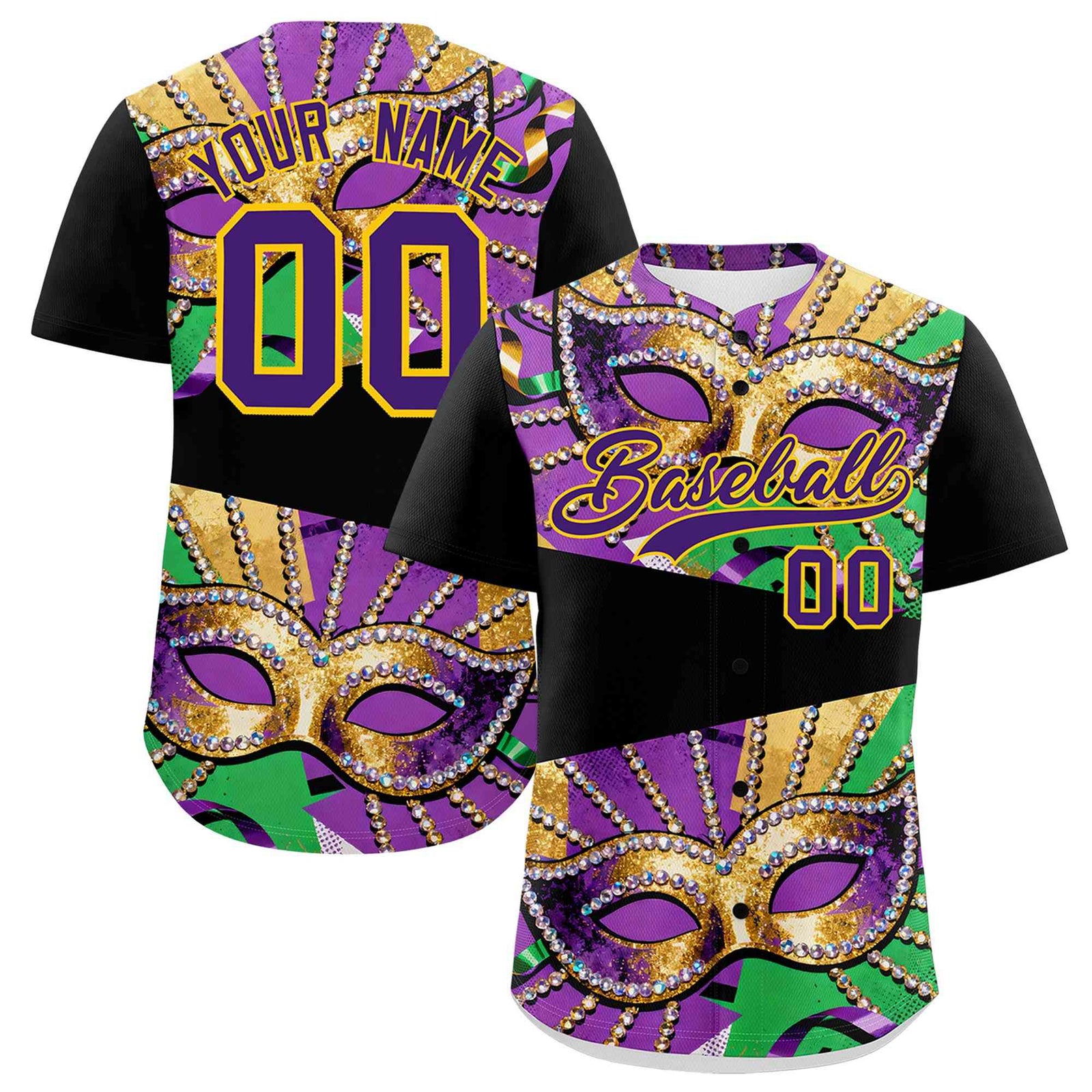Custom Black Gold Purple Personalization Mardi Gras Authentic Baseball Jersey| KXKSHOP