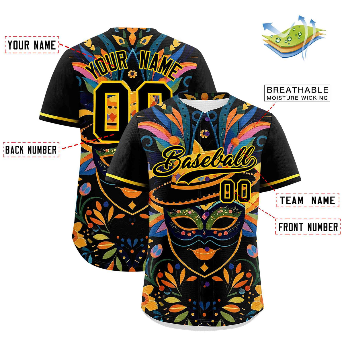 Custom Black Gold Personalization Graffiti Mardi Gras Authentic Baseball Jersey| KXKSHOP