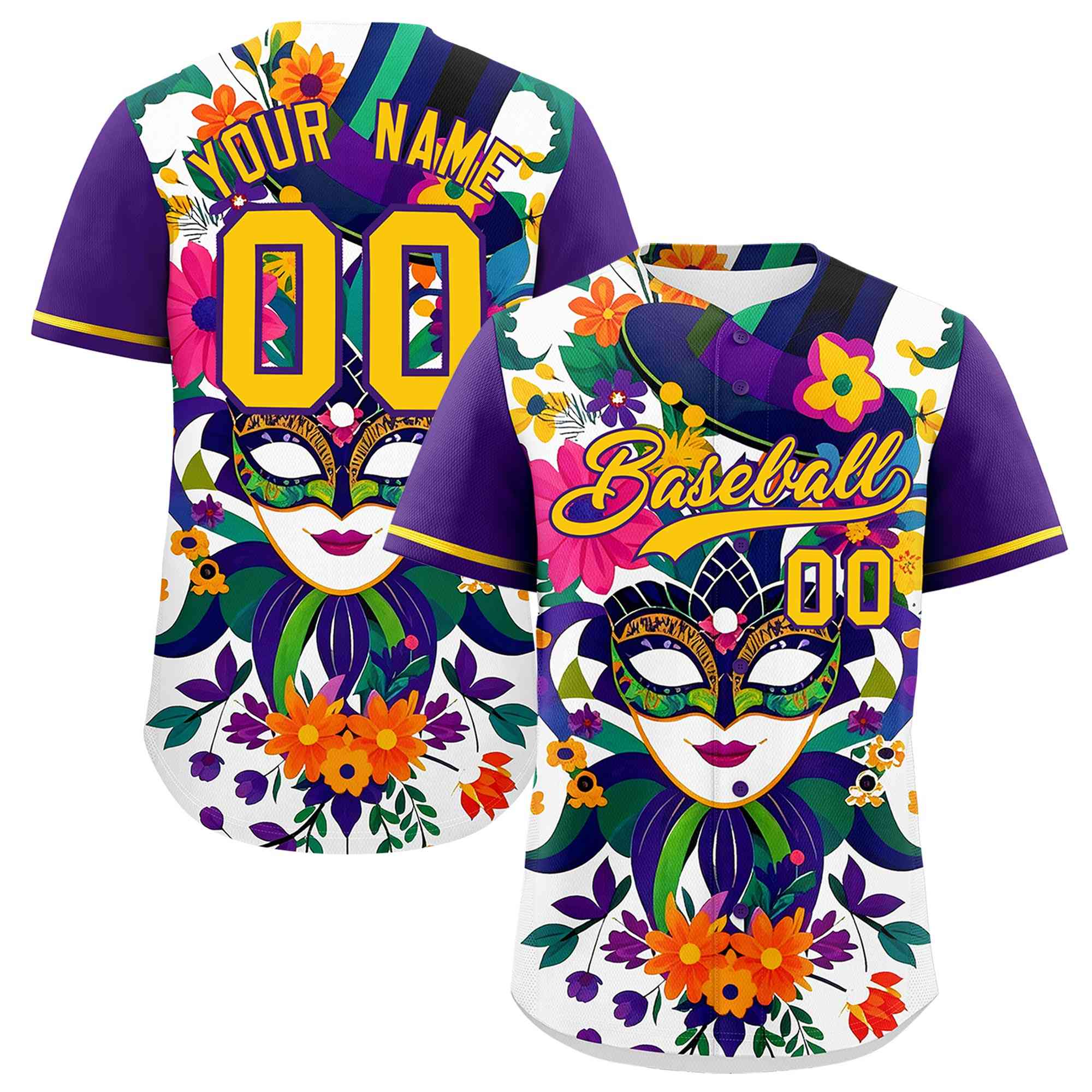 Custom White Purple Personalization Mardi Gras Authentic Baseball Jersey| KXKSHOP
