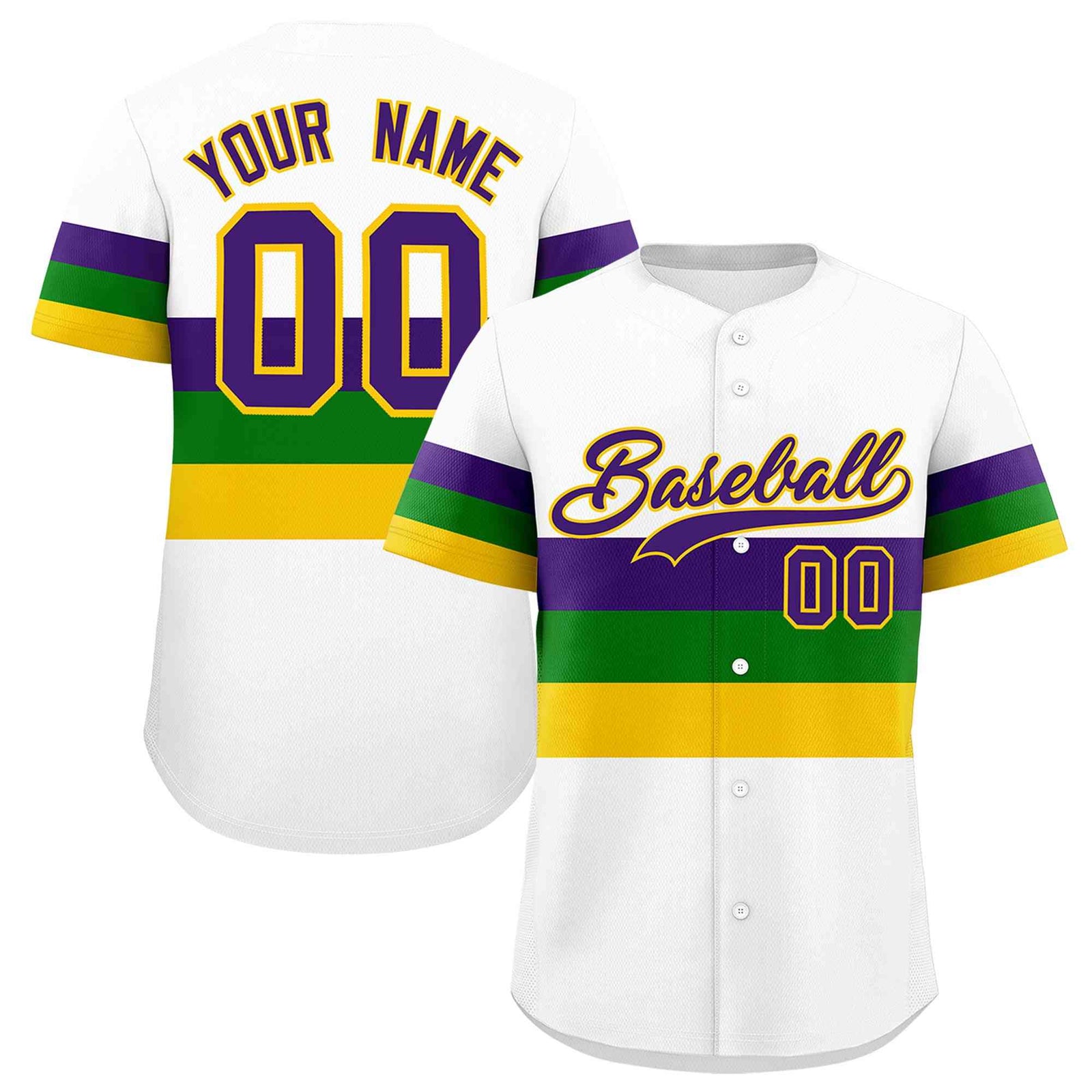 Custom White Purple Kelly Green Gold Personalization Mardi Gras Authentic Baseball Jersey| KXKSHOP