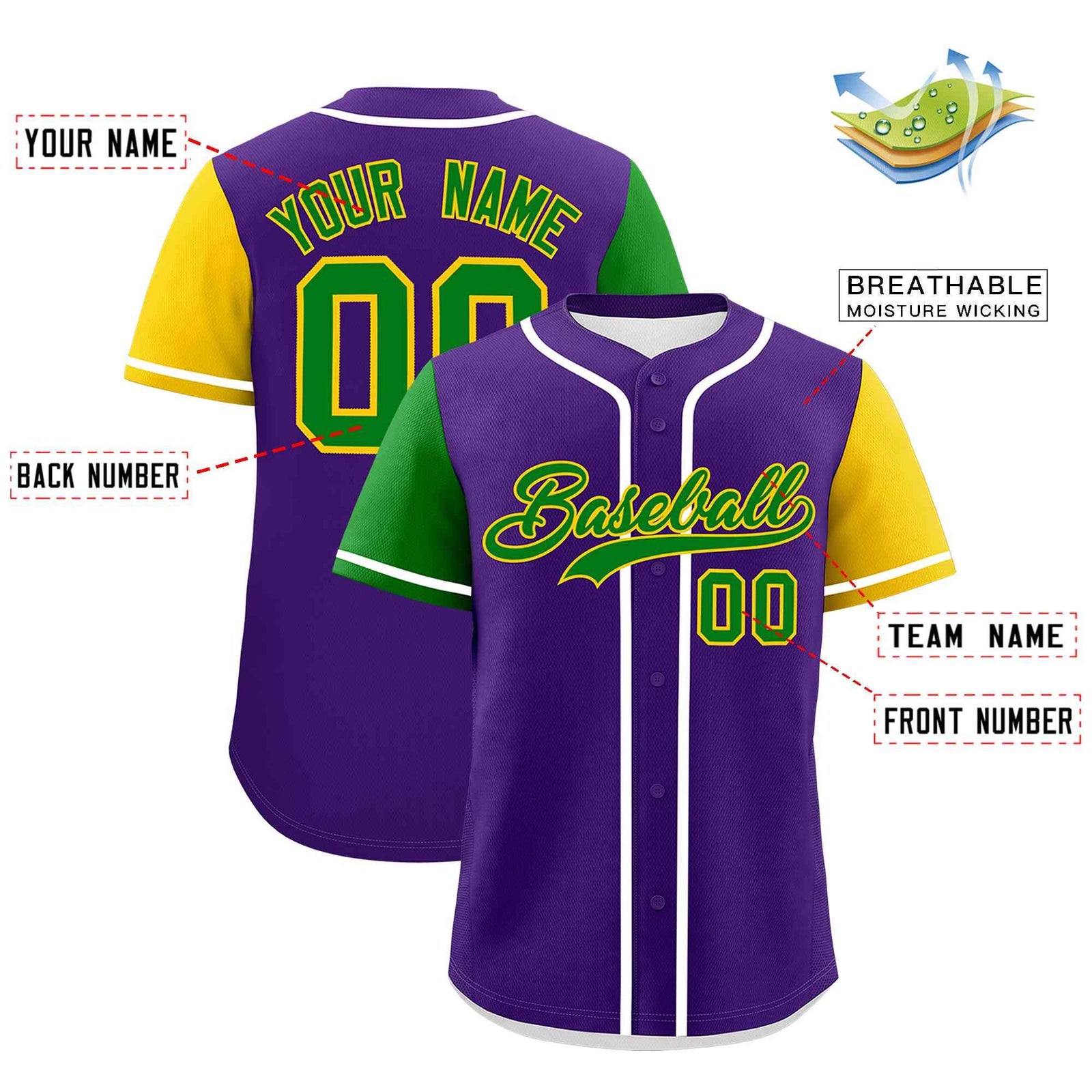 Custom Purple Kelly Green Gold Personalization Mardi Gras Authentic Baseball Jersey| KXKSHOP
