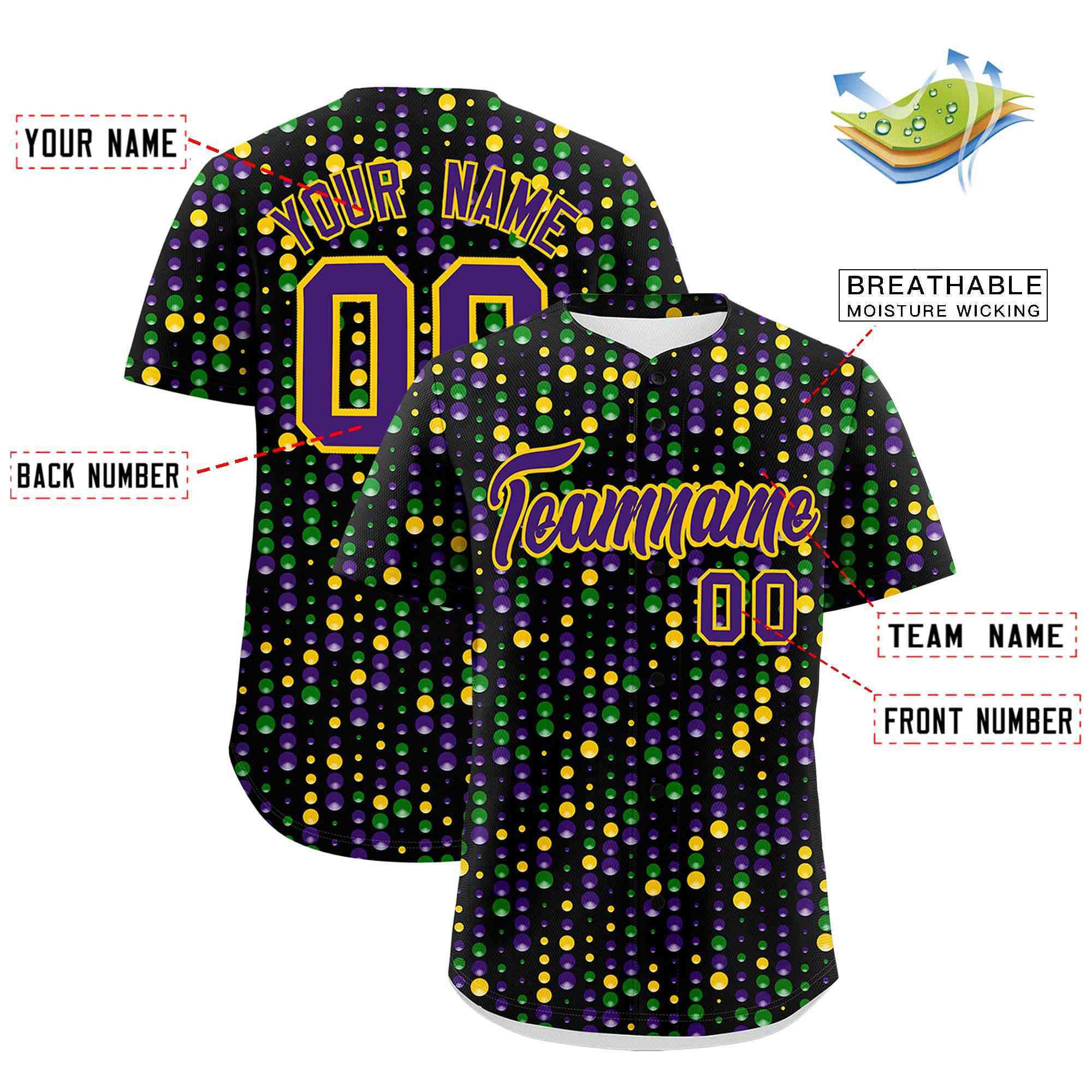 Custom Black Purple Gold Personalization Mardi Gras Authentic Baseball Jersey| KXKSHOP