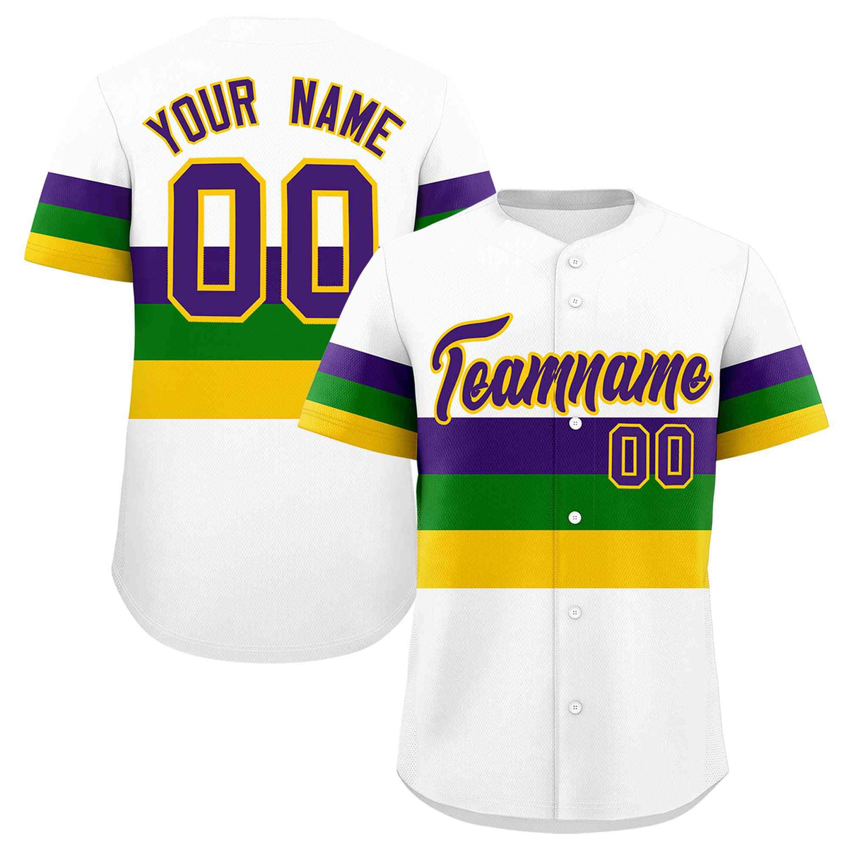 Custom White Purple Kelly Green Gold Personalization Mardi Gras Authentic Baseball Jersey| KXKSHOP