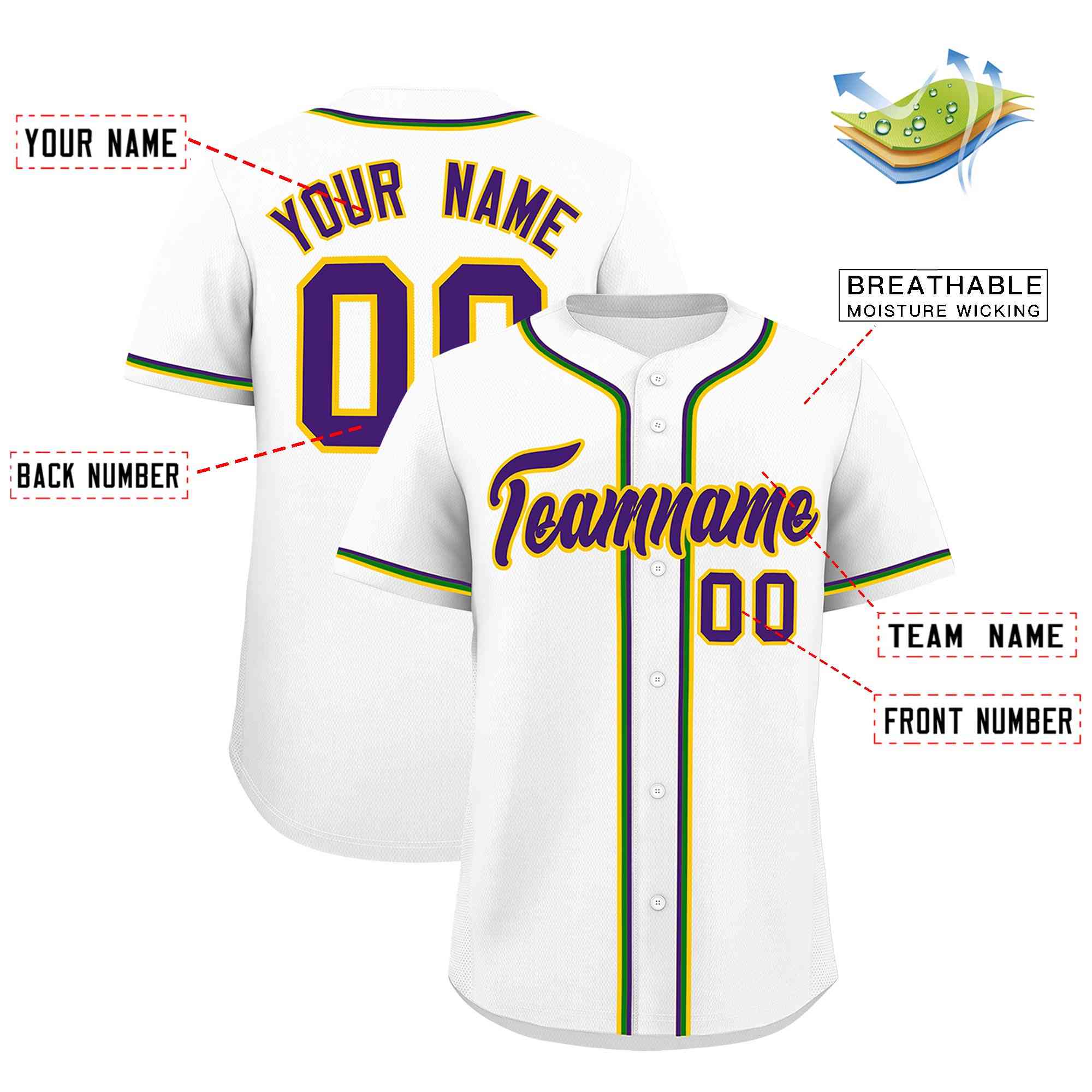 Custom White Purple Gold Kelly Green Personalization Mardi Gras Authentic Baseball Jersey| KXKSHOP