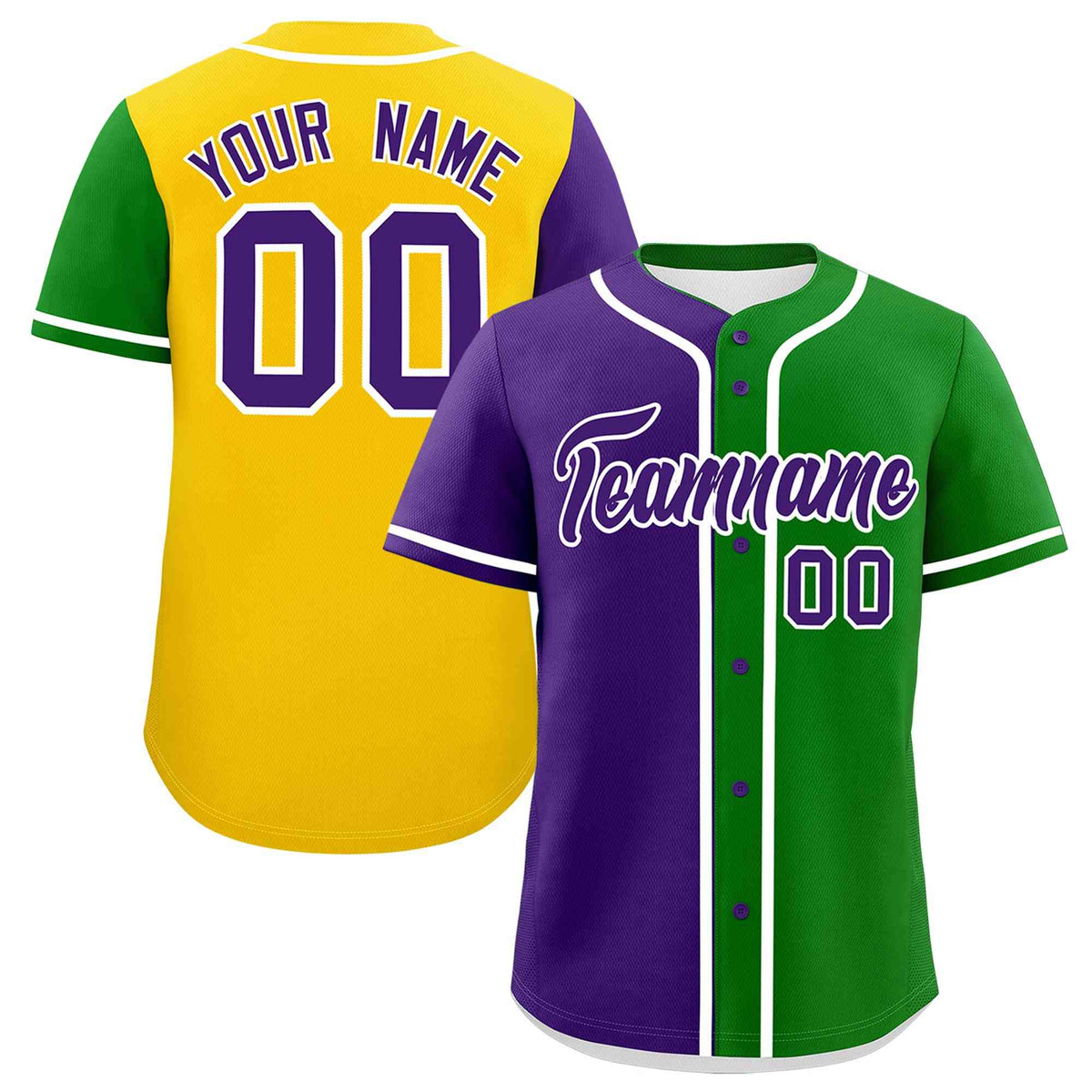 Custom Purple Kelly Green Gold Personalization Split Mardi Gras Authentic Baseball Jersey| KXKSHOP