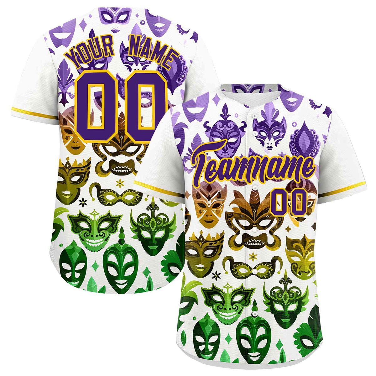Custom White Purple Gold Personalization Mardi Gras Authentic Baseball Jersey| KXKSHOP