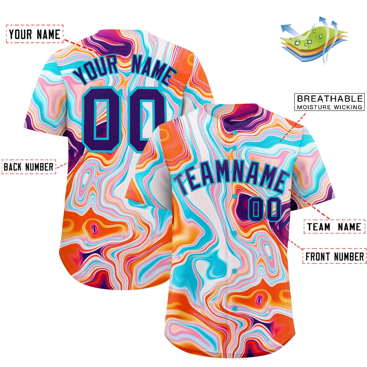 Custom Multi Color Split Fashion Fluid Pattern Authentic Baseball Jersey