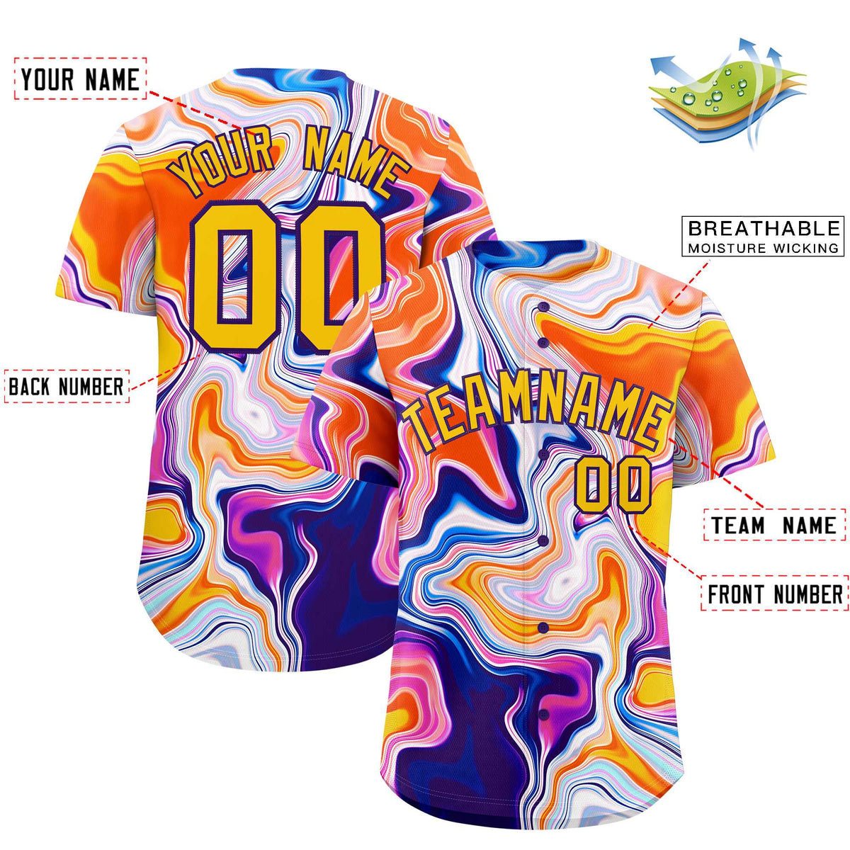 Custom Multi Color Split Fashion Fluid Pattern Authentic Baseball Jersey