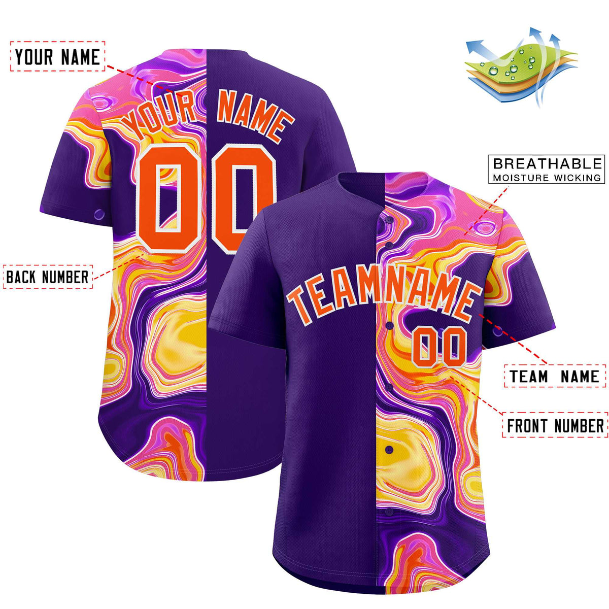 Custom Purple Split Fashion Fluid Pattern Authentic Baseball Jersey